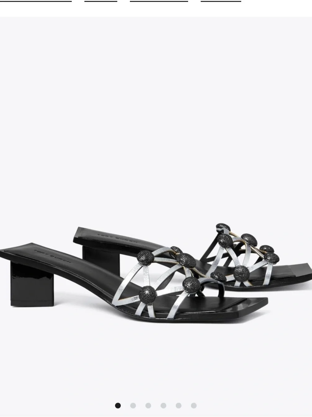 Tory Burch Black Crystal Bobble Silver Metallic Leather Square Toe Low Heels 8.5